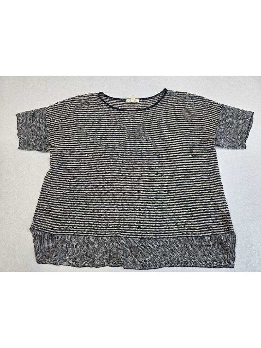 Eileen Fisher Medium Black & White Striped Organic Linen Short Sleeve Top Boxy